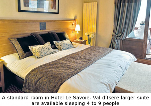 A standard room in Hotel Le Savoie, Val d'Isere larger suites are available sleeping 4 to 9 people