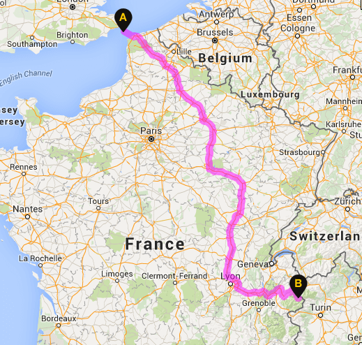 It's around 630 miles drive to the most popular ski resorts from Calais and takes around 9.5 hour’s drive time