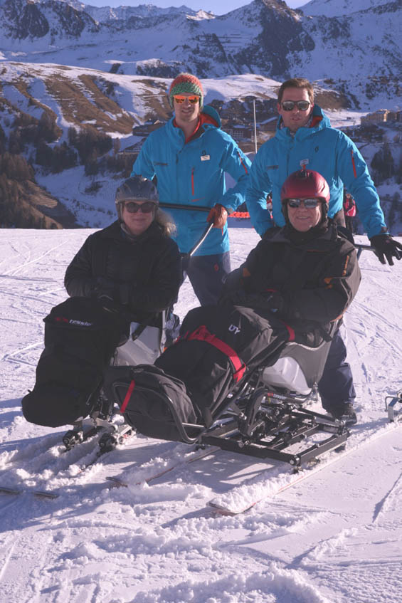 Sarah and Angus testing out the ski taxi service in La Plagne