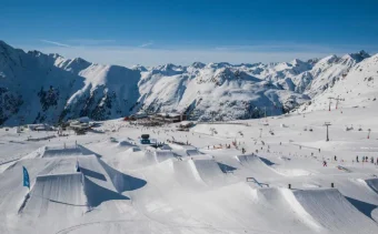 The ski park in Ischgl Austria showing the snow covered ramps and jumps