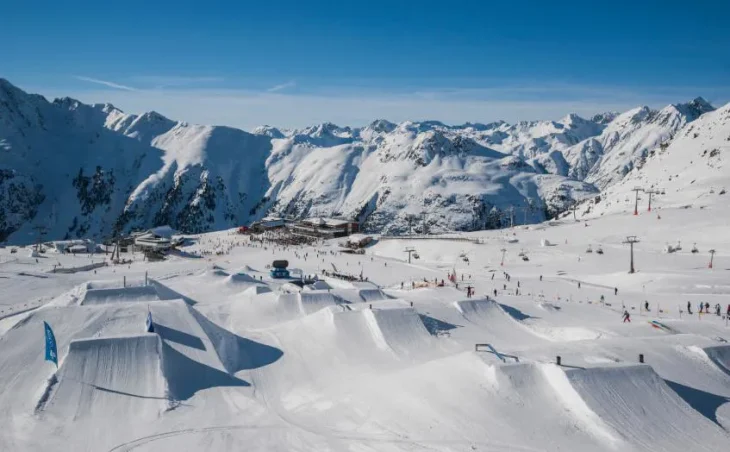 The ski park in Ischgl Austria showing the snow covered ramps and jumps