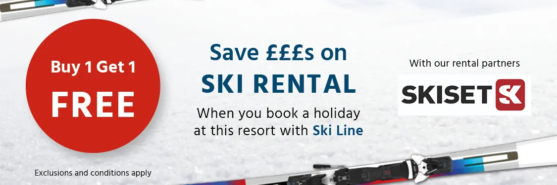 Buy 1 get 1 free on ski rental with our rental partners Skiset, when you book a holiday at this resort with Ski Line. Exclusions and conditions apply.