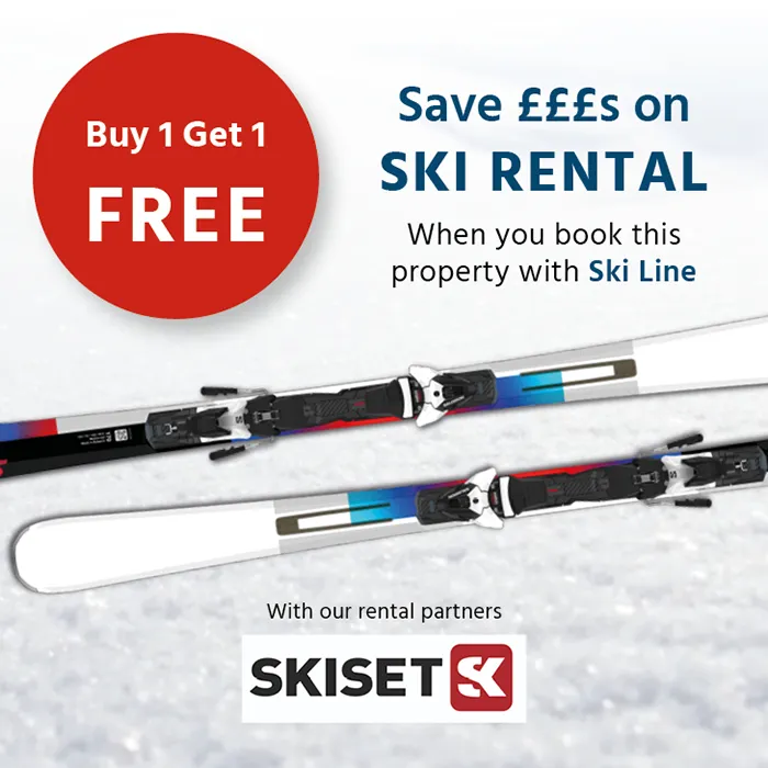 By 1 get 1 free on ski rental when you book this property with Ski Line, with our rental partners Skiset!