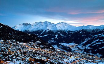 The mountain landscape surrounding the ski resort of Verbier, Switzerland early evening